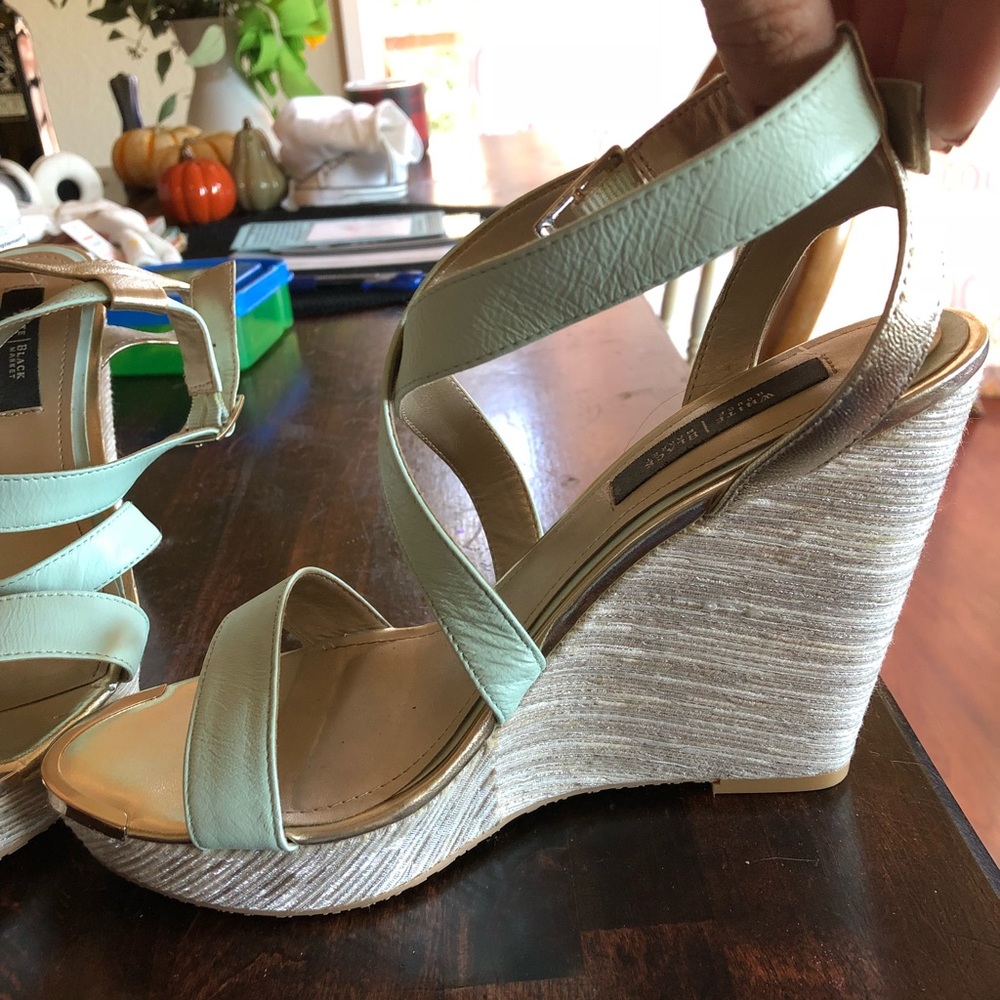 Teal and gold strappy wedges